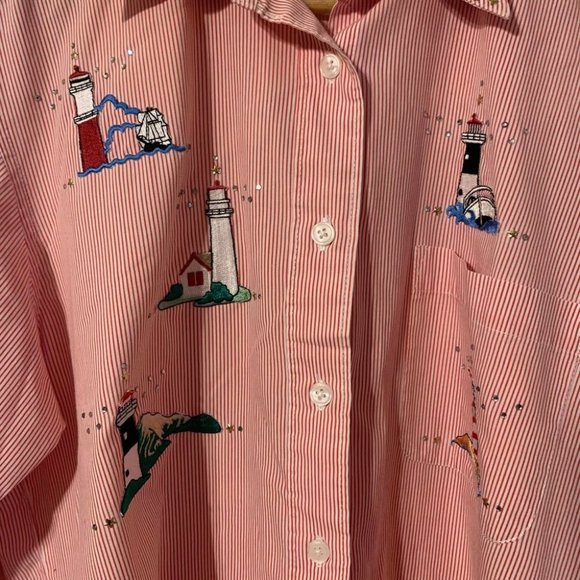 SHIPSHE Pinstripe Lighthouse Patches Longlsleeve Collared Shirt Sz S - Picture 4 of 8